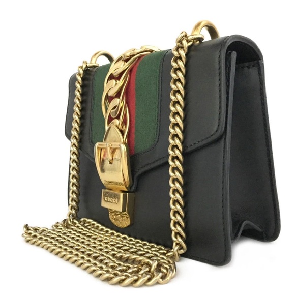 💃Authentic GUCCI Sylvie Mini Sherry Line Leather Chain Shoulder Bag Black - Picture 2 of 11